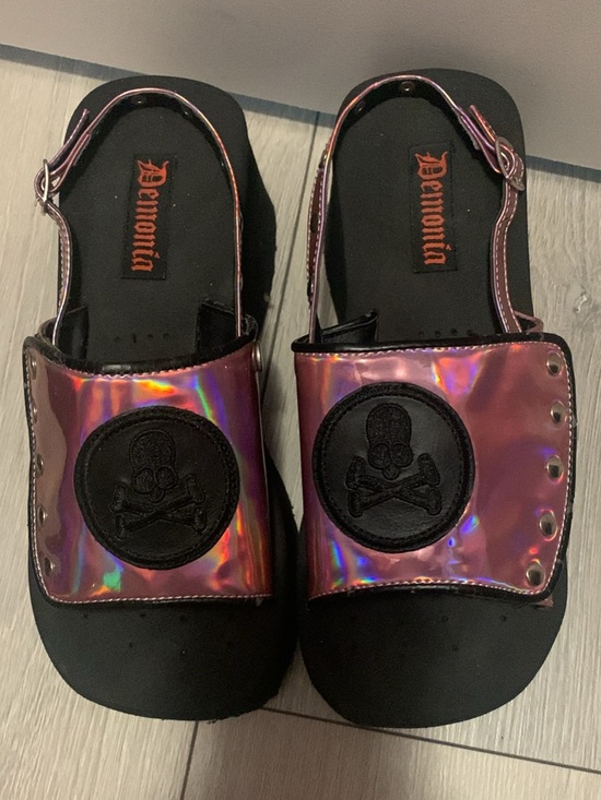 Demonia Shoes - Demonia Kids Iridescent Purple-Pink Skull Patch Sandals